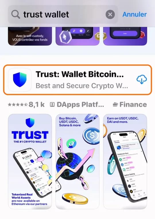 Recherche « trust wallet » dans l'App Store, la fiche Trust Wallet encadrée
