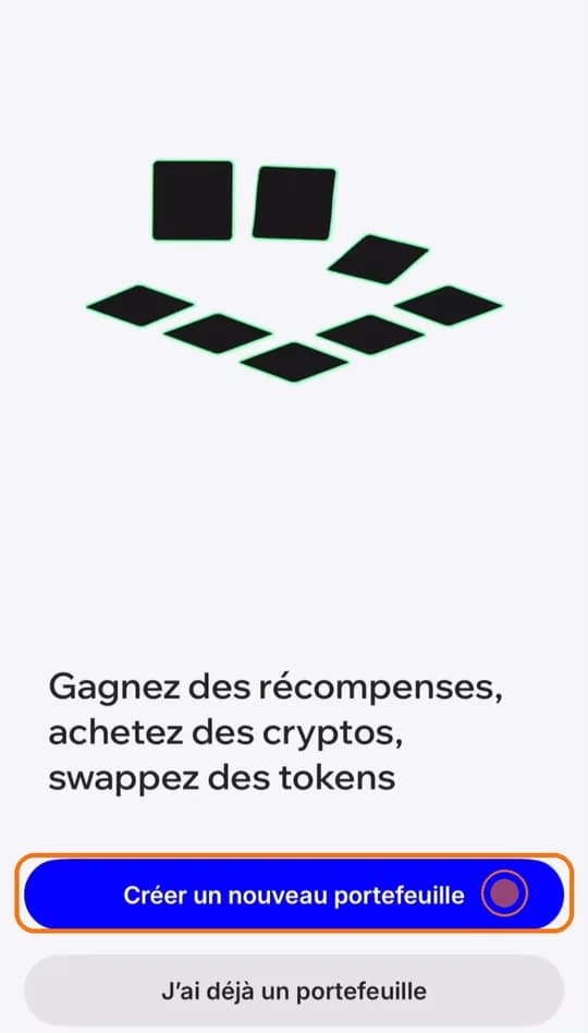 Écran d'accueil de Trust Wallet, bouton « Créer un nouveau portefeuille » encadré