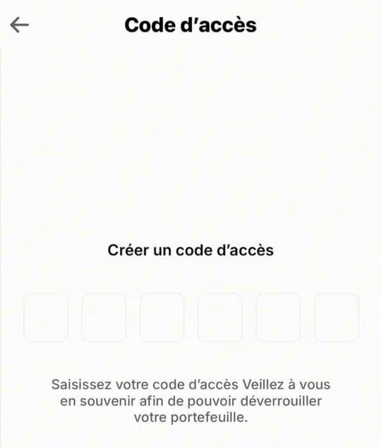 Écran « Code d'accès » de Trust Wallet : créer un code à 6 chiffres