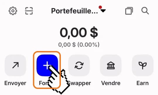 Écran principal de Trust Wallet, bouton « + » encadré