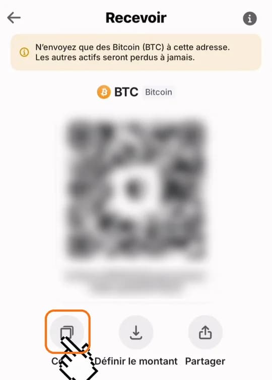 Écran « Recevoir » de Trust Wallet (exemple avec le Bitcoin), bouton « Copier » encadré, adresse floutée