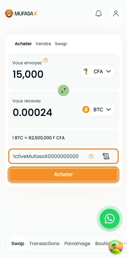 Achat de Bitcoin sur Mufasa X : adresse collée (exemple fictif) et bouton « Acheter » encadrés