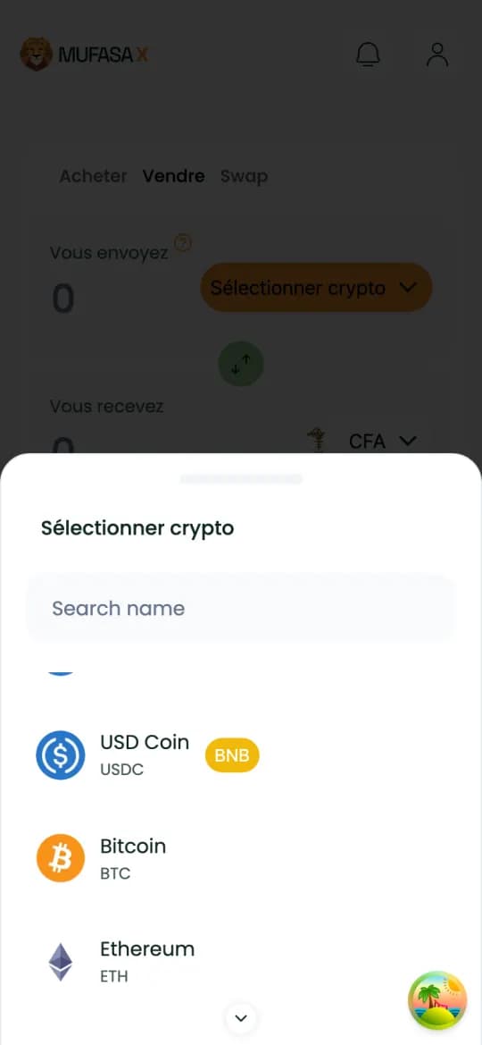 Onglet « Vendre » : Bitcoin dans la liste des cryptos