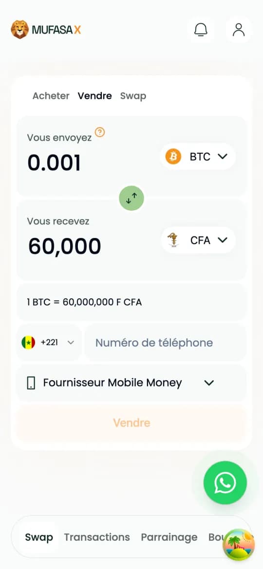 Écran de vente : quantité de BTC envoyée, francs CFA reçus et taux affiché