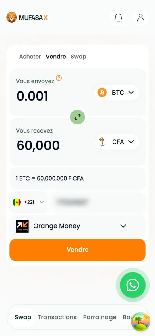 Numéro de téléphone saisi et Orange Money choisi, bouton « Vendre » actif