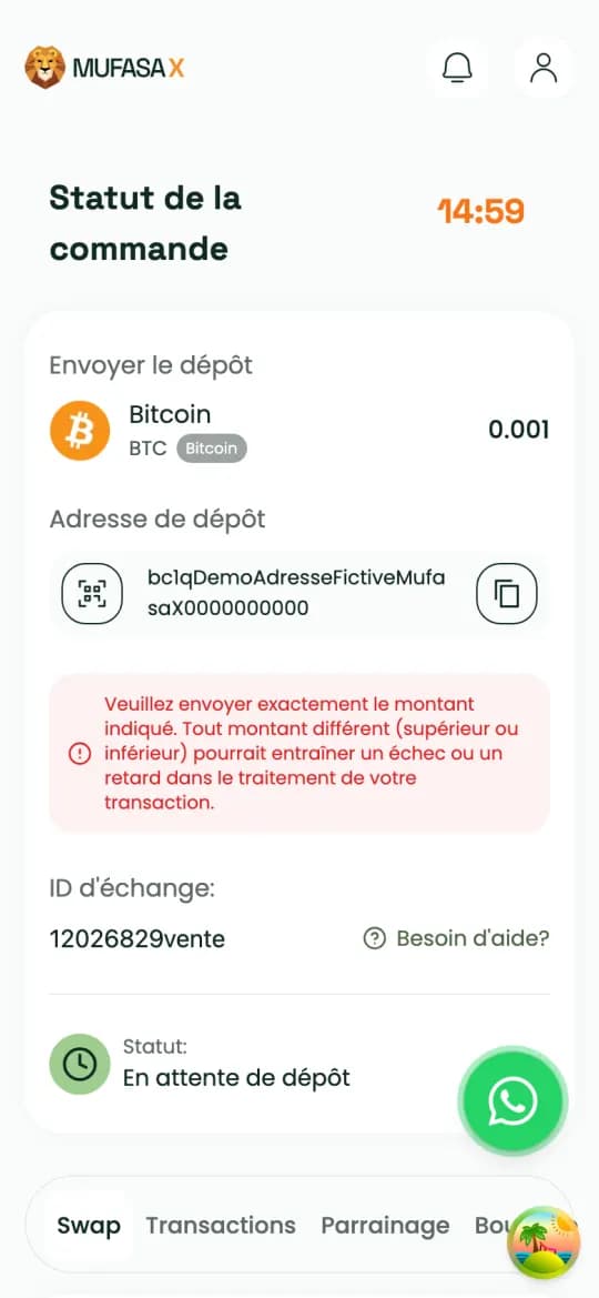 Page « Statut de la commande » : quantité de BTC à envoyer, adresse de dépôt (exemple fictif) et minuteur