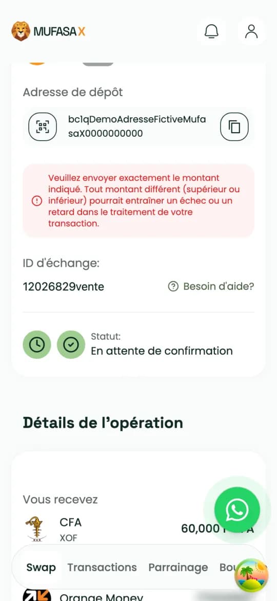 Statut de la vente : en attente de confirmation du réseau Bitcoin