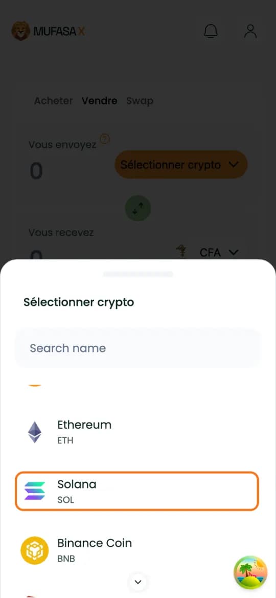Liste des cryptos de l'onglet « Vendre » de Mufasa X, ligne Solana (SOL) encadrée