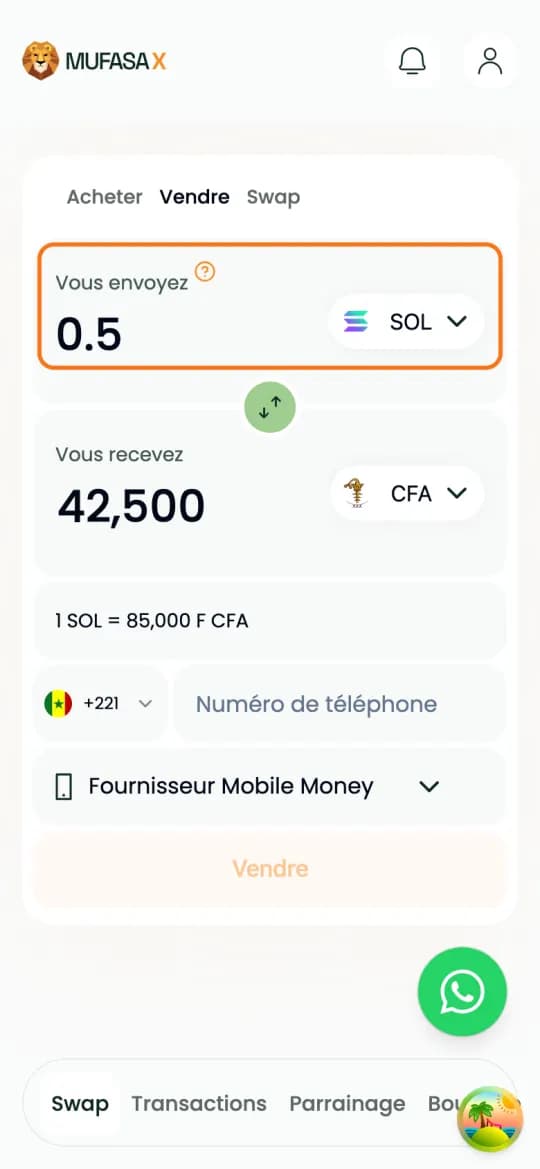 Écran de vente Mufasa X : 0,5 SOL envoyés (champ encadré), francs CFA reçus et taux d'exemple