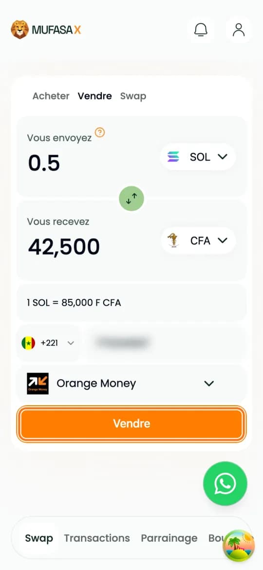 Numéro saisi (flouté), Orange Money choisi et bouton « Vendre » encadré
