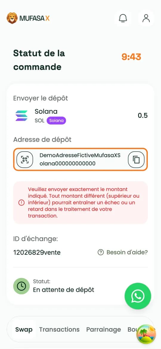Page « Statut de la commande » : 0,5 SOL à envoyer, ligne de l'adresse de dépôt (exemple fictif) encadrée, bouton copier à droite