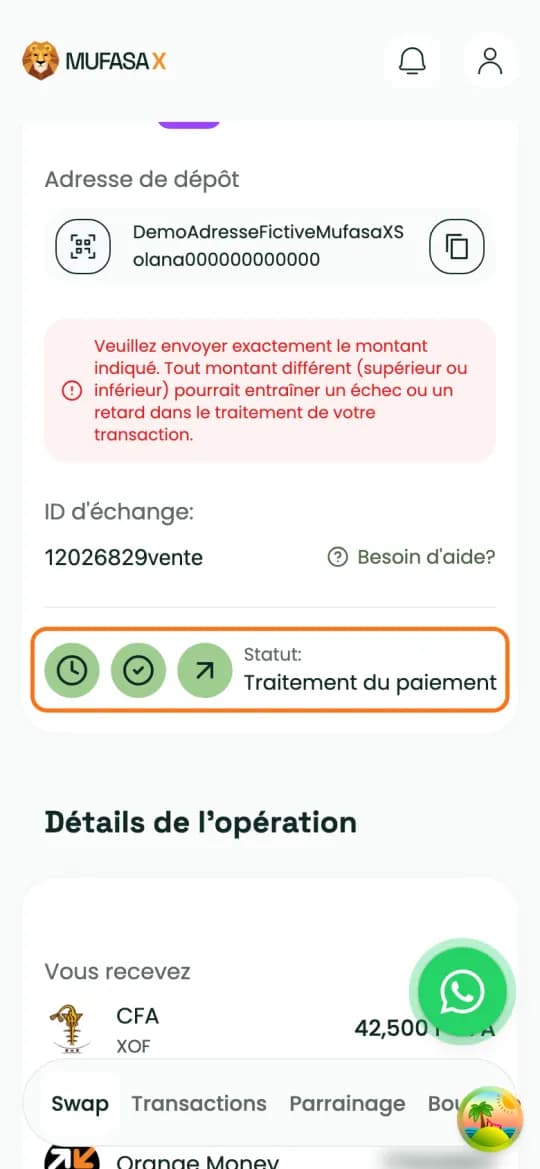 Statut de la vente sur Mufasa X : « Traitement du paiement », rangée de statut encadrée
