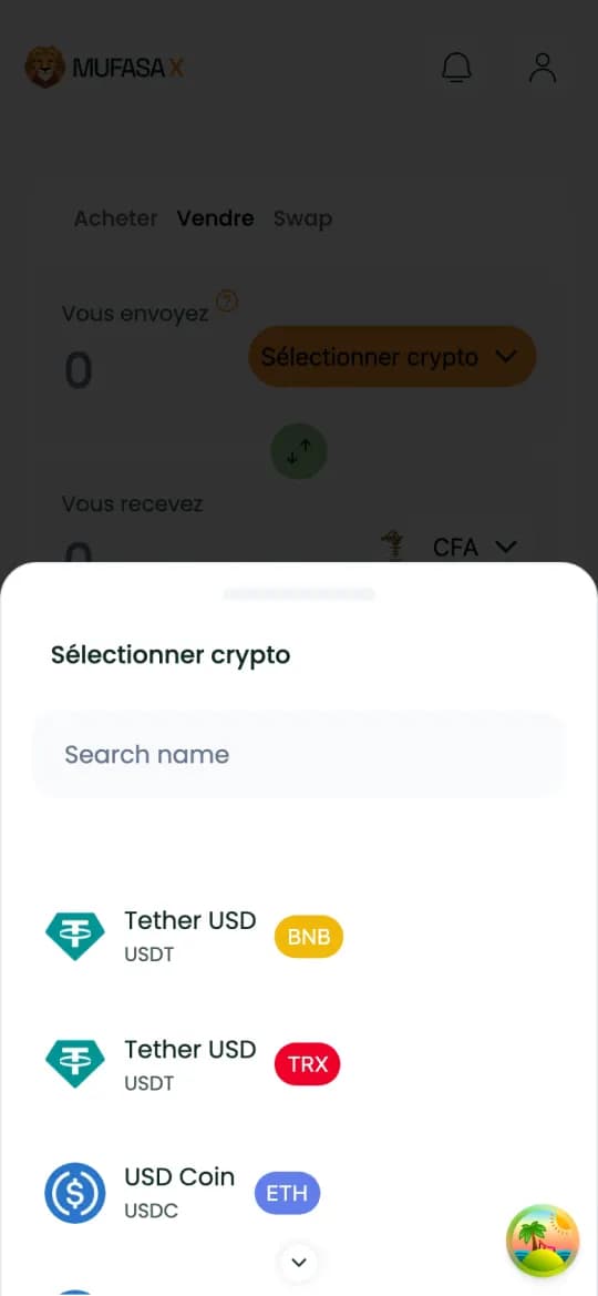 Onglet « Vendre » de Mufasa X : liste des cryptos, Tether USD sur plusieurs réseaux