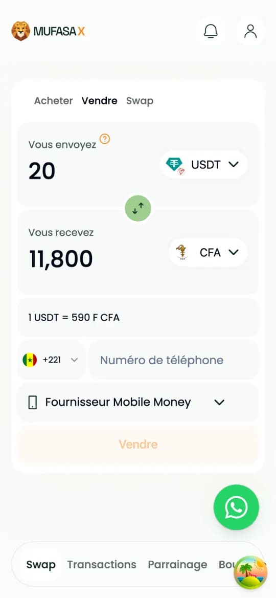 Écran de vente : quantité d'USDT envoyée, francs CFA reçus et taux affiché