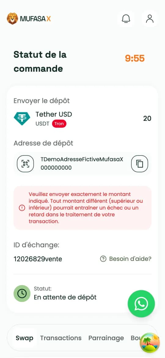 Page « Statut de la commande » : quantité à envoyer, adresse de dépôt (exemple fictif) et minuteur