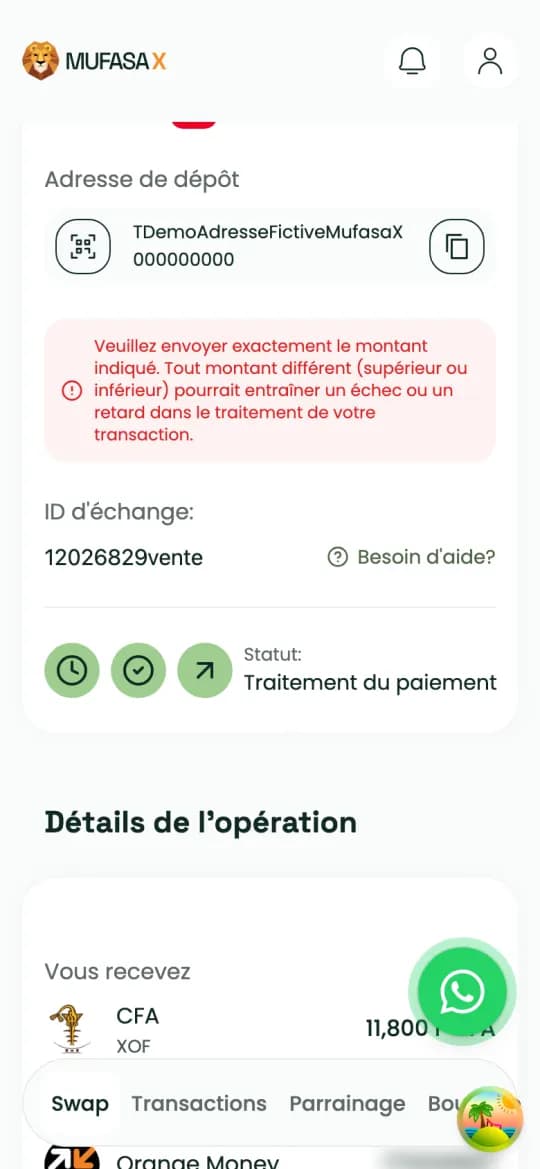 Statut de la vente : traitement du paiement en cours