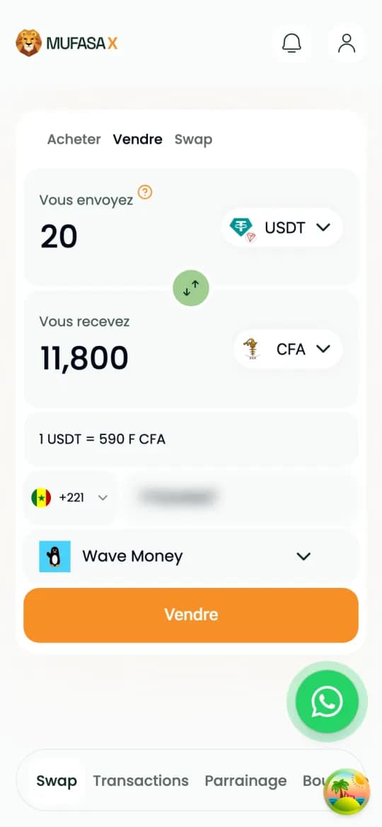 Phone number entered and Wave Money selected, Sell button enabled (French interface)