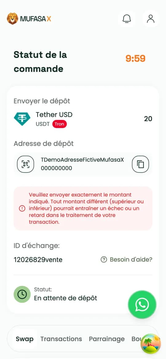 “Order status” page (French interface): amount to send, deposit address (fictitious example) and timer