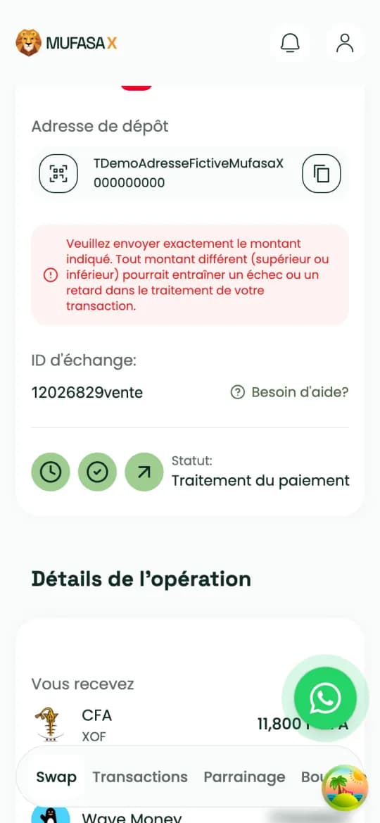 Sale status (French interface): payment being processed