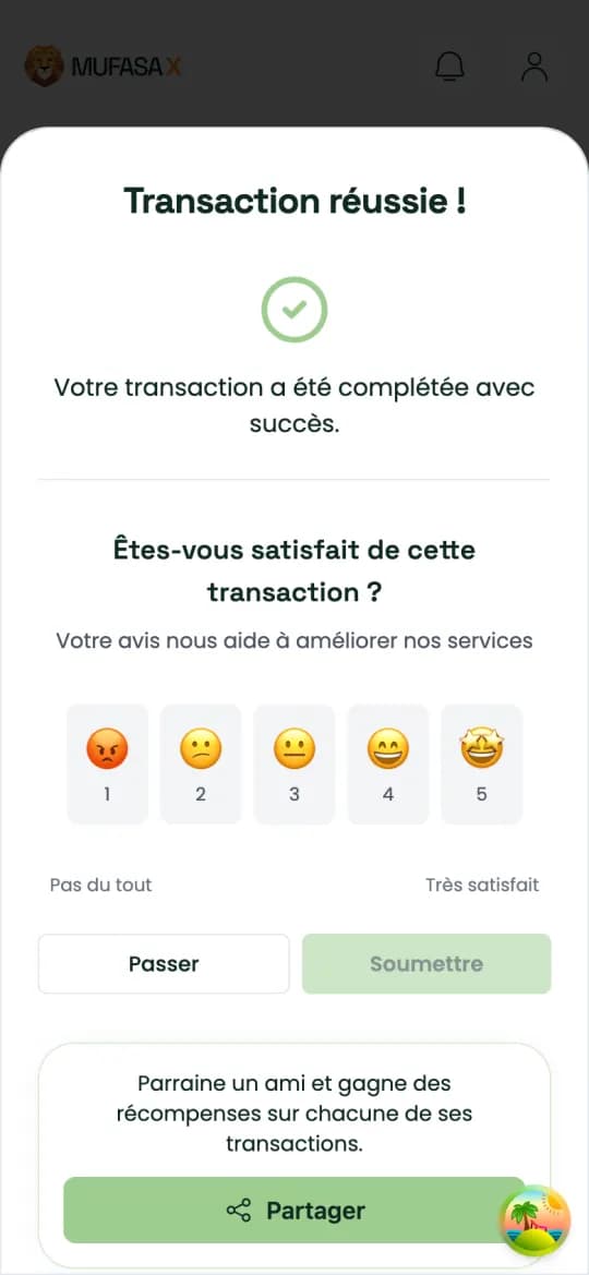 “Transaction réussie !” dialog at the end of the sale (French interface)