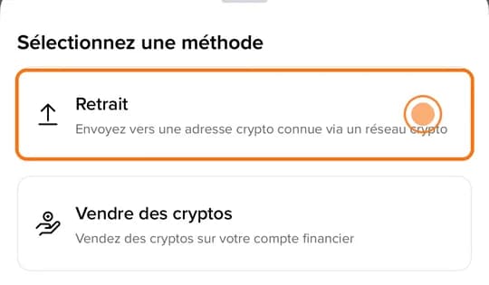 Binance, « Sélectionnez une méthode » : option « Retrait » encadrée