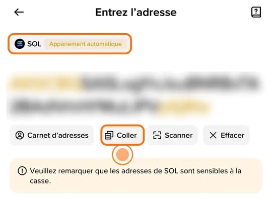 Binance, « Entrez l'adresse » : adresse collée (floutée), réseau SOL et bouton « Coller » encadrés