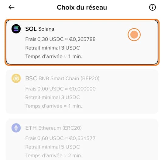Binance, « Choix du réseau » : SOL Solana encadré