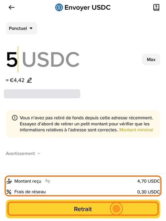 Binance, « Envoyer USDC » : 5 USDC, montant reçu 4,70 USDC et frais encadrés, bouton « Retrait » encadré (solde masqué)
