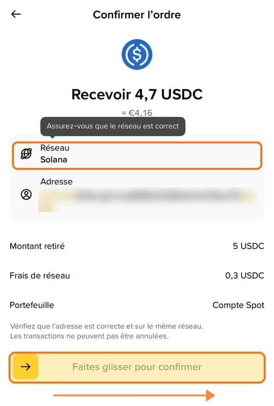 Binance, « Confirmer l'ordre » : réseau Solana, adresse floutée, bouton à faire glisser encadré
