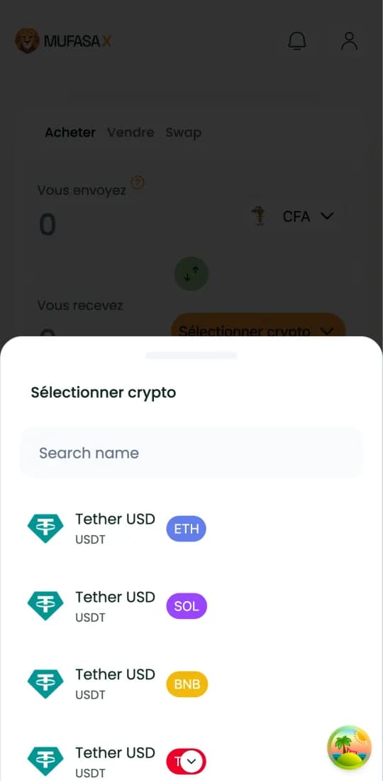 Liste des cryptos sur Mufasa X : Tether USD proposé sur les réseaux ETH, SOL, BNB et TRX