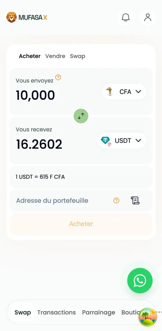 Écran d'achat Mufasa X : 10 000 F CFA envoyés, quantité d'USDT reçue et taux affiché