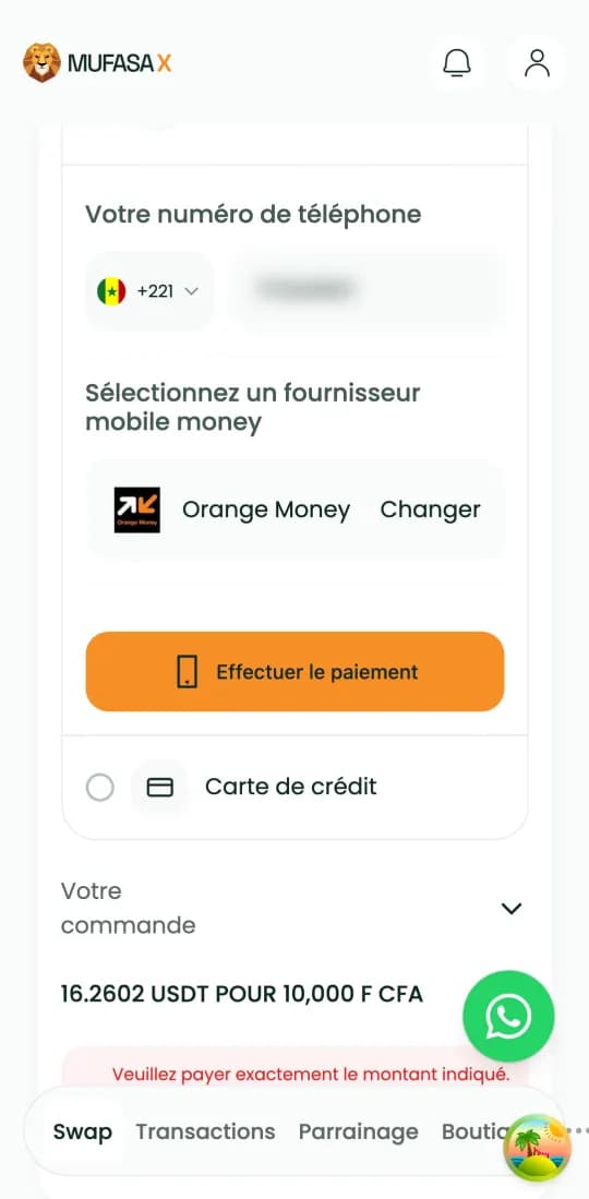 Écran de paiement : numéro de téléphone saisi, Orange Money choisi et bouton « Effectuer le paiement »