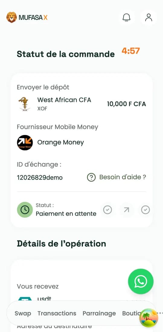 Page « Statut de la commande » de Mufasa X : paiement en attente de validation