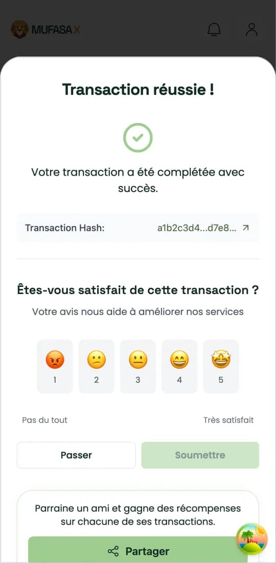 Fenêtre « Transaction réussie ! » avec le hash de la transaction
