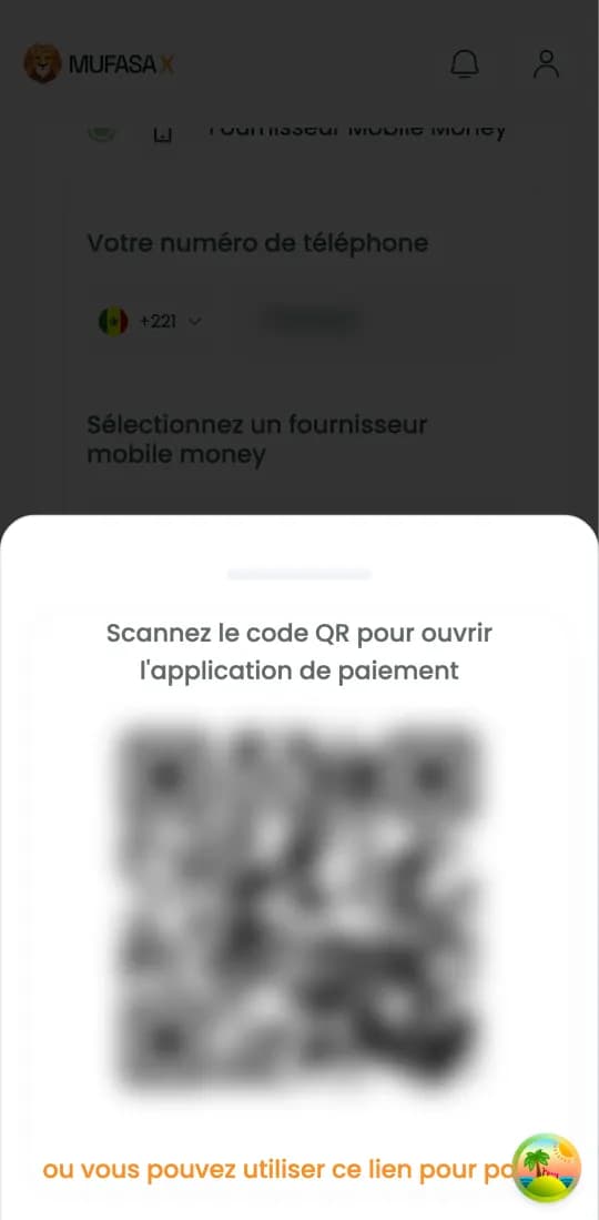 Fenêtre de paiement Max it : QR code et lien « ou vous pouvez utiliser ce lien pour payer »