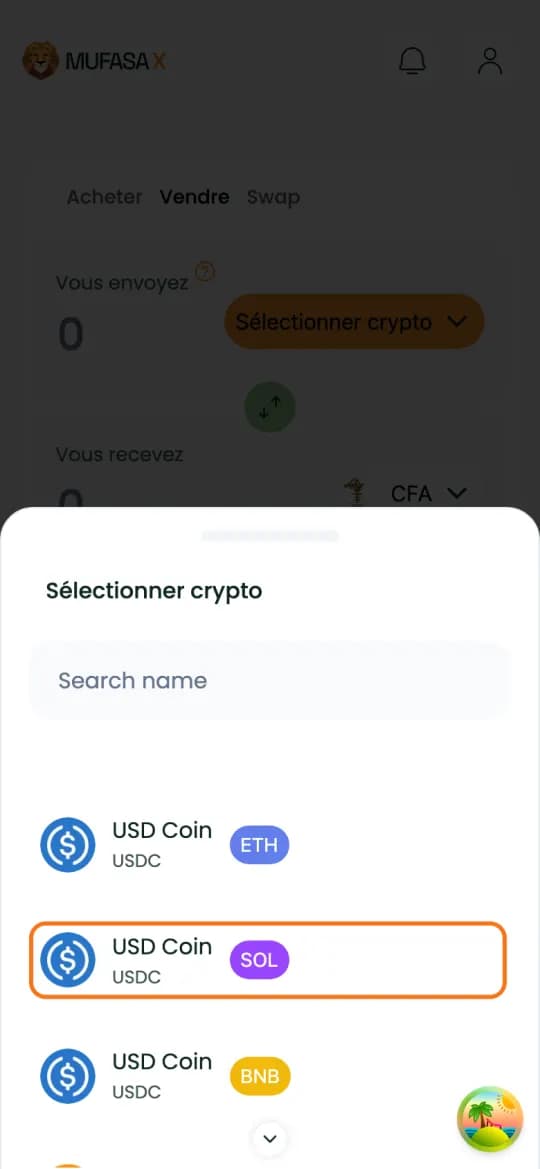 Liste des cryptos de l'onglet « Vendre » de Mufasa X, USD Coin sur SOL encadré
