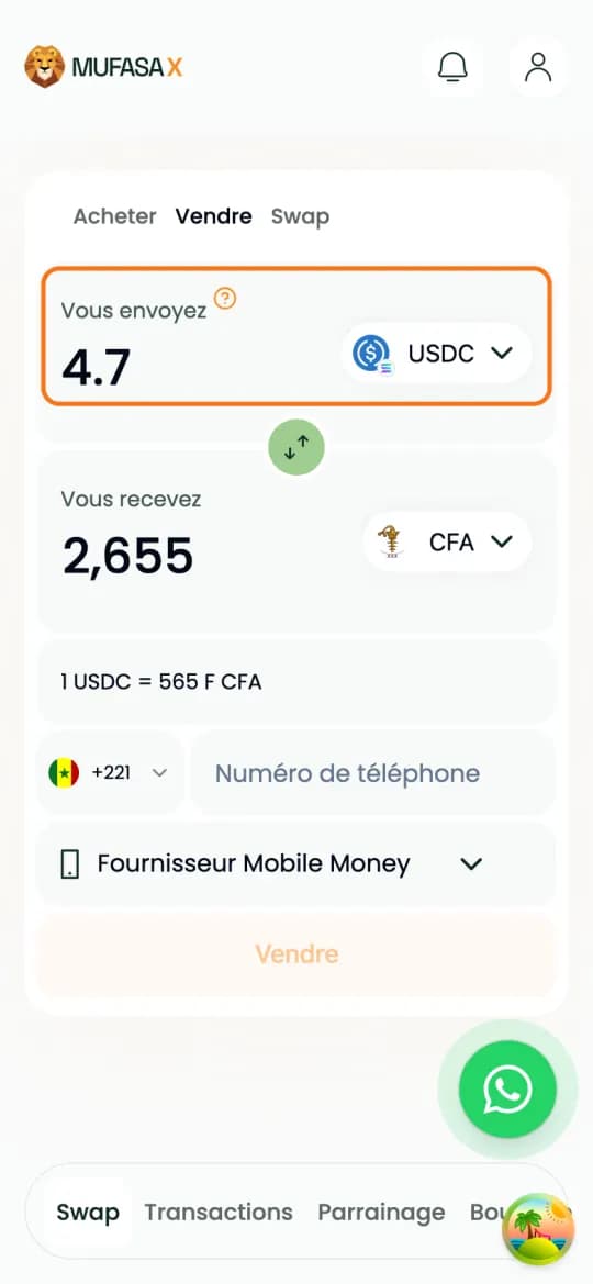 Écran de vente Mufasa X : 4,7 USDC envoyés, francs CFA reçus et taux affiché