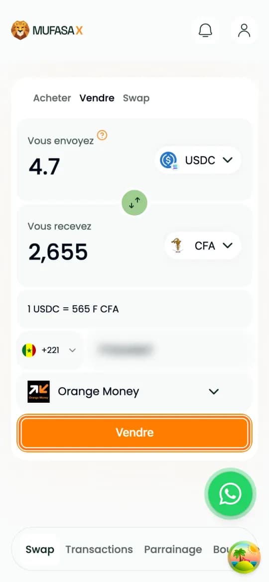 Numéro saisi (flouté), Orange Money choisi et bouton « Vendre » encadré