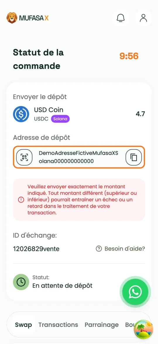 Page « Statut de la commande » : 4,7 USDC à envoyer, ligne de l'adresse de dépôt (exemple fictif) encadrée, bouton copier à droite
