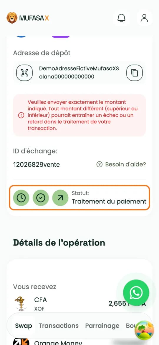 Statut de la vente sur Mufasa X : « Traitement du paiement »