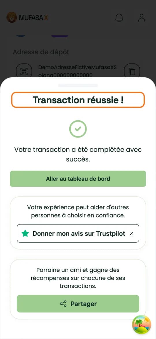 Fenêtre « Transaction réussie ! » à la fin de la vente