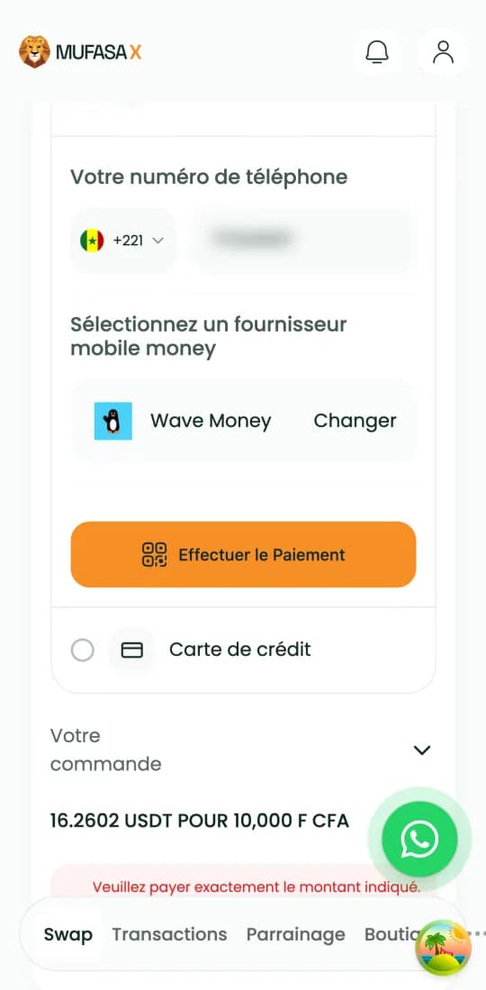 Payment screen (French interface): phone number and Wave Money selected